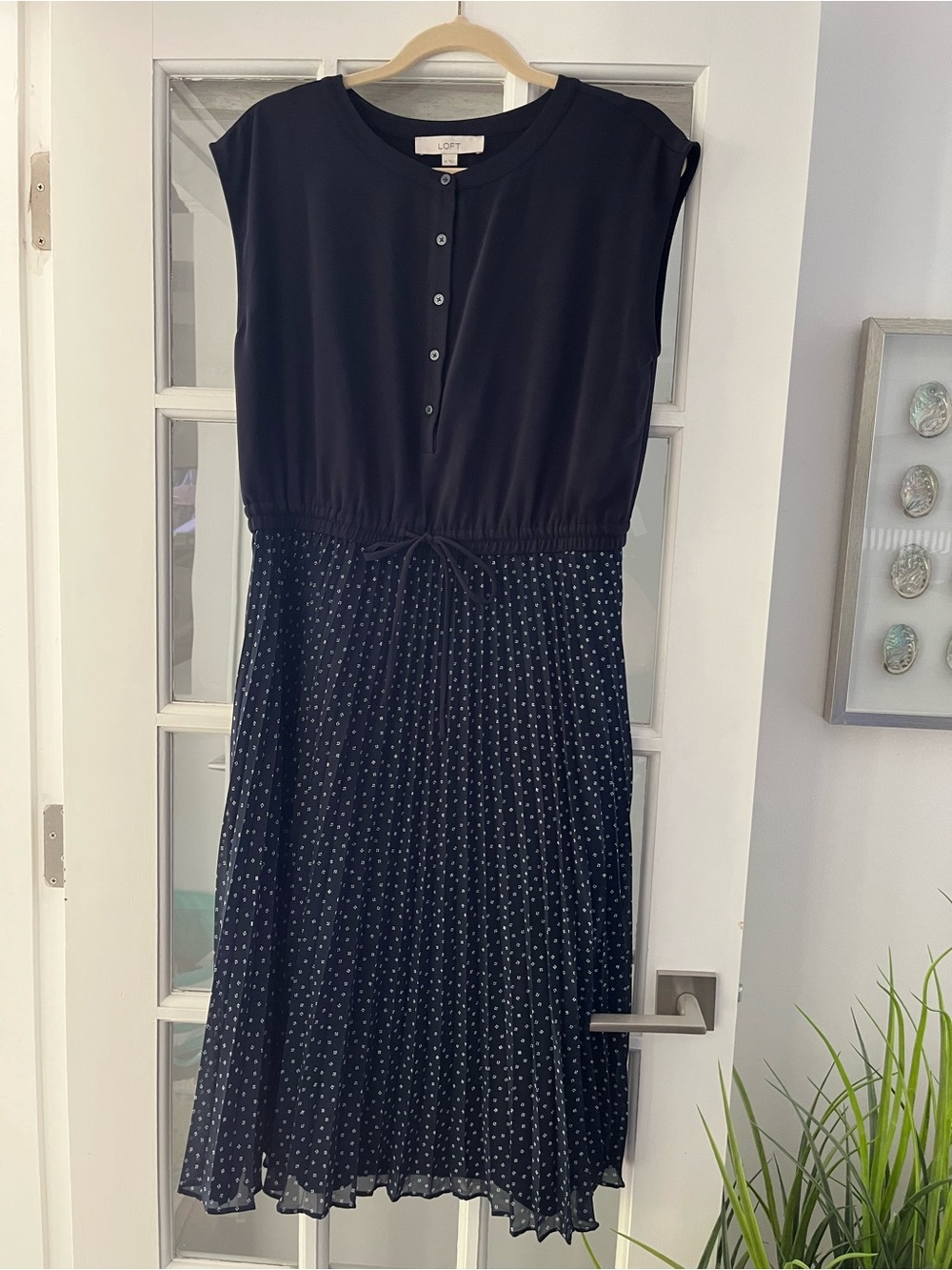 LOFT Navy Cap-Sleeve Drawstring Printed Midi Dress
